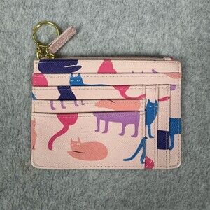 Buxton Cat Print Zip Card Holder Wallet Pink Key Ring